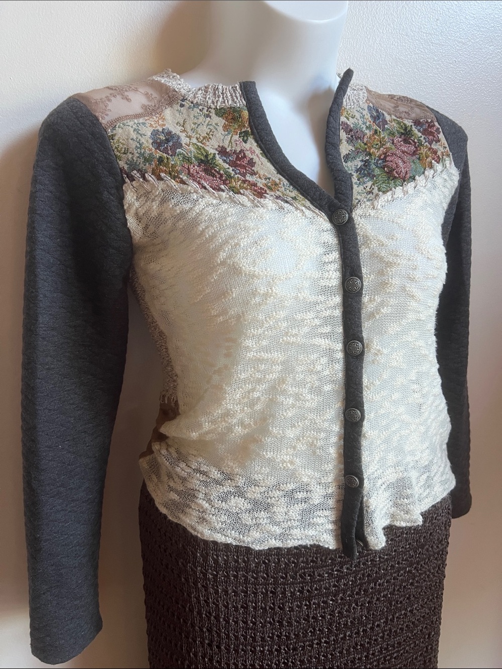 BKE Floral pieced fabric Cardigan with decorative buttons